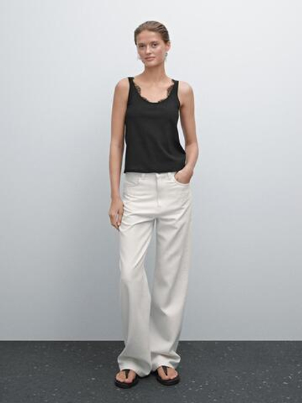 Massimo Dutti Топ из хлопка с кружевом, черный
