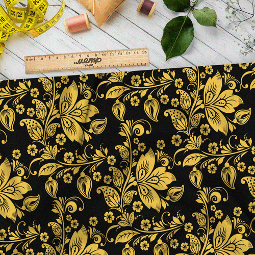 Ткань таффета золотые цветы и ягоды в виде хохломы на чёрном фоне