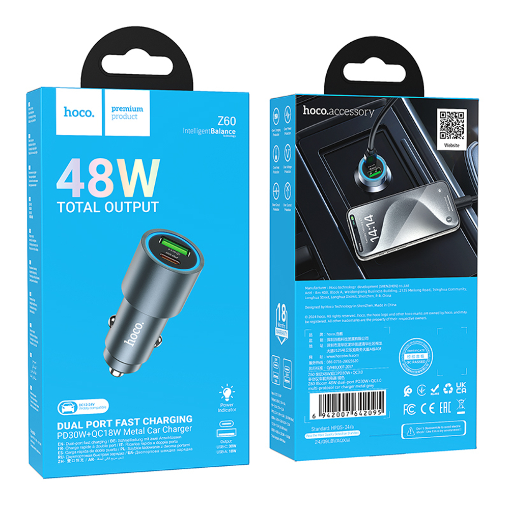 Автомобильный адаптер питания HOCO Z60 QC 3.0+ 48W PD (черный)