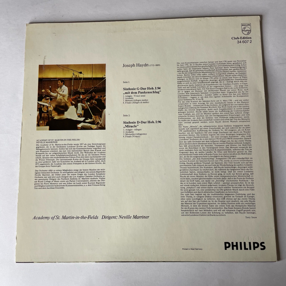 Винтажная виниловая пластинка LP Haydn Йозеф Гайдн, Academy of St. Martin in the Fields, Neville Marriner, Haydn Sinfonien (Германия 1980) Пластинка 1