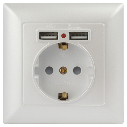 Розетка Intro Solo 4-410-06 с заземлением P+E Schuko со шторками 16А-250В + 2хUSB IP20 СУ перламутр