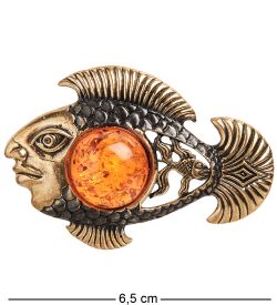 AM-1896 Брошь «Рыба Нингё» (латунь, янтарь)