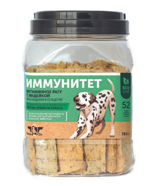 Лакомство для собак "Грин Кьюзин" GREEN QZIN ИММУНИТЕТ 1: витаминное рагу с курицей (мясо курицы и сельдерей) 750гр*6