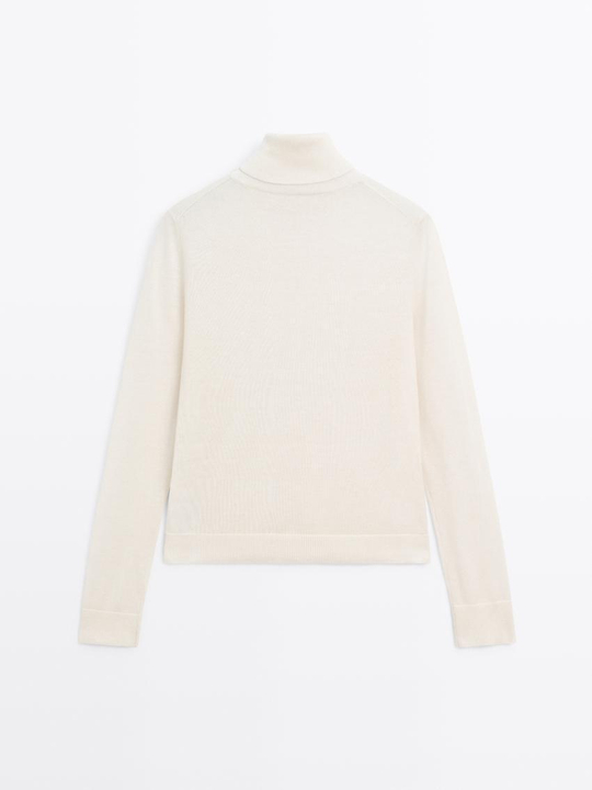 Massimo Dutti Свитер из смесовой шерсти с высоким воротником, натуральный, кремовый