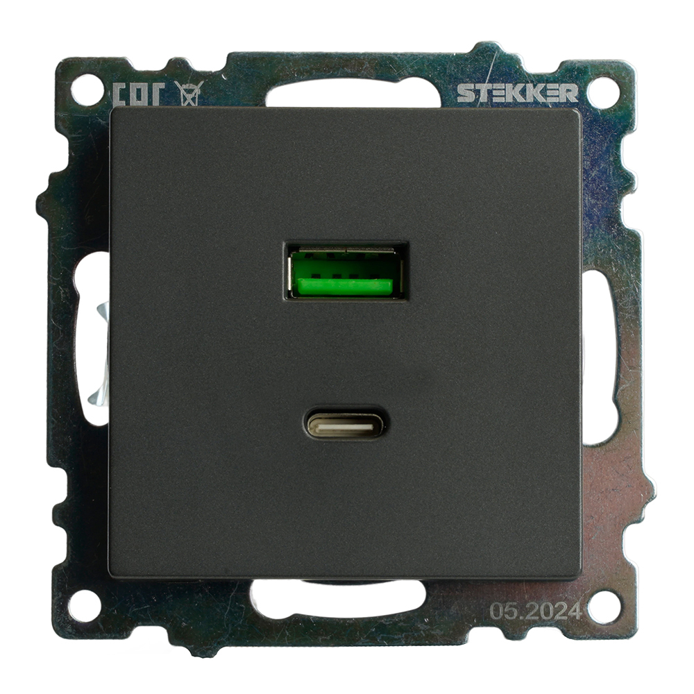 Розетка 2-местная USB + type C (механизм), 250В, 3А, max 20W, серия Катрин, графит, GLS10-7116-06 50052