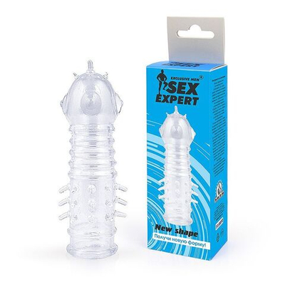 Закрытая прозрачная насадка на пенис с выпуклостями и шипиками - 13,5 см. (Цвет: прозрачный)