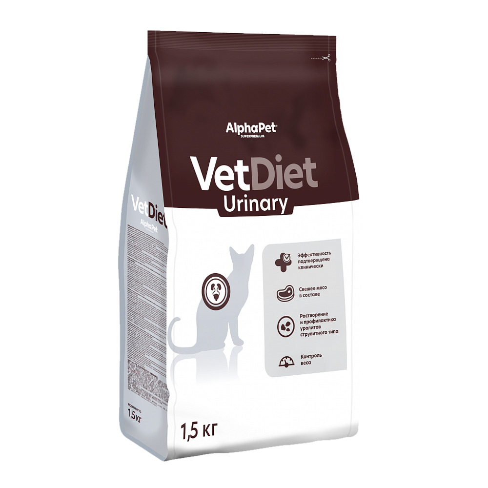 Сухой диетический корм AlphaPet VetDiet URINARY для взрослых кошек и котов при заболеваниях нижних отделов мочевыводящих путей