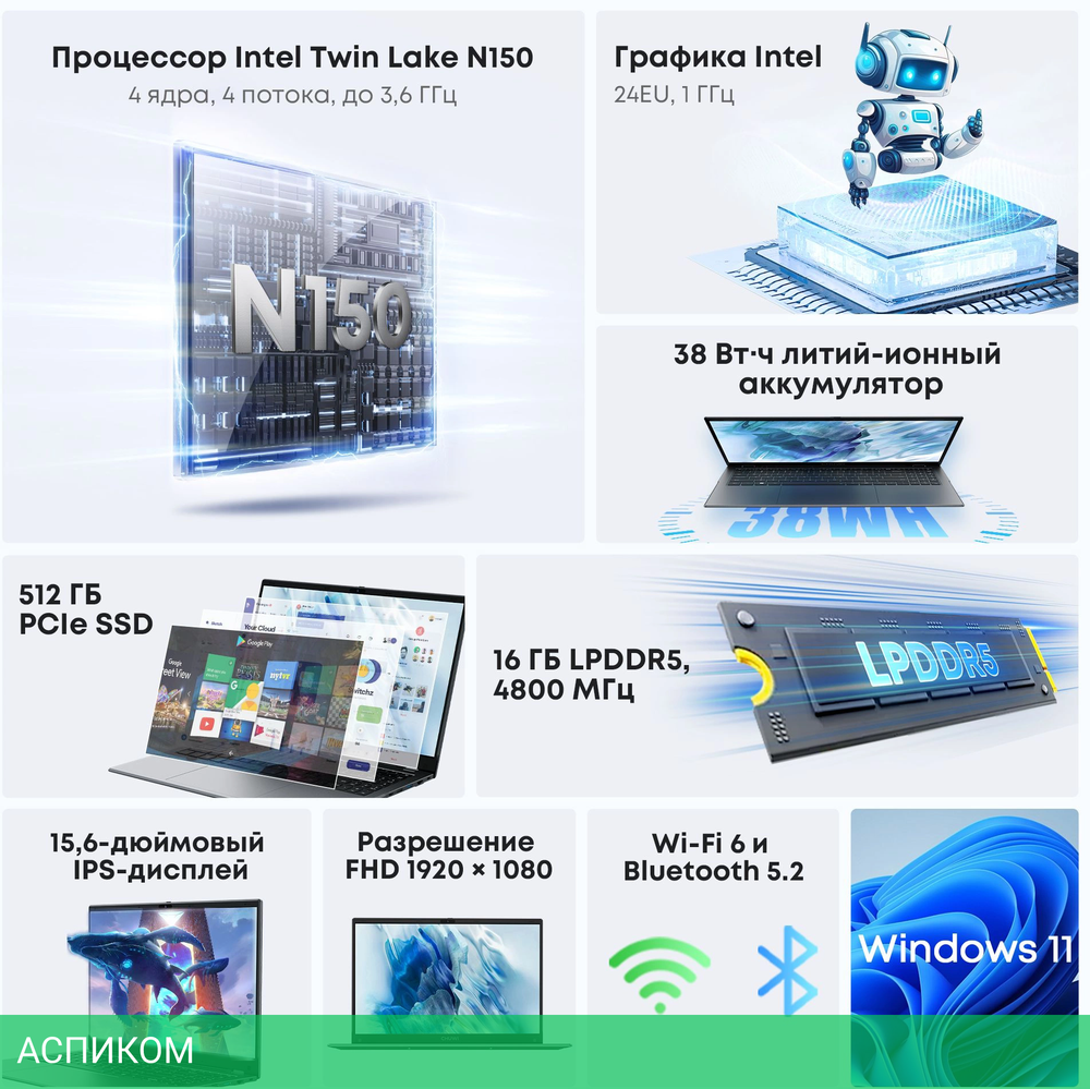 Ноутбук Chuwi GemiBook plus N-series N150 16Gb SSD512Gb Intel Graphics 15.6" IPS FHD (1920x1080) Windows 11 Home grey WiFi BT Cam 5000mAh