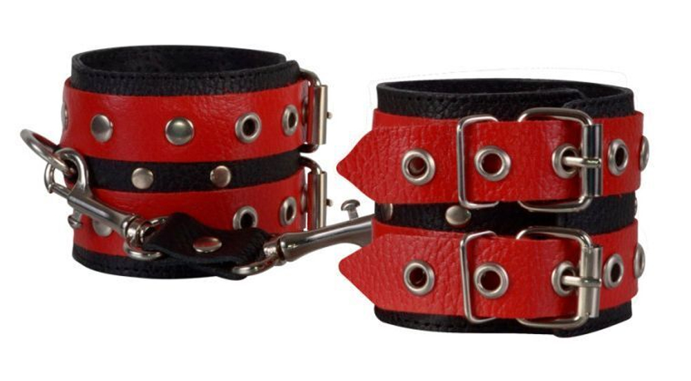 Красно-чёрные наручники из кожи (Цвет: красный с черным)
