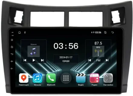 Магнитола для Toyota Vitz 2, Yaris 2 2005-2011 (рамка черная) - FarCar DX3022M монитор 9" IPS на Android 13, 4+64Гб, CarPlay