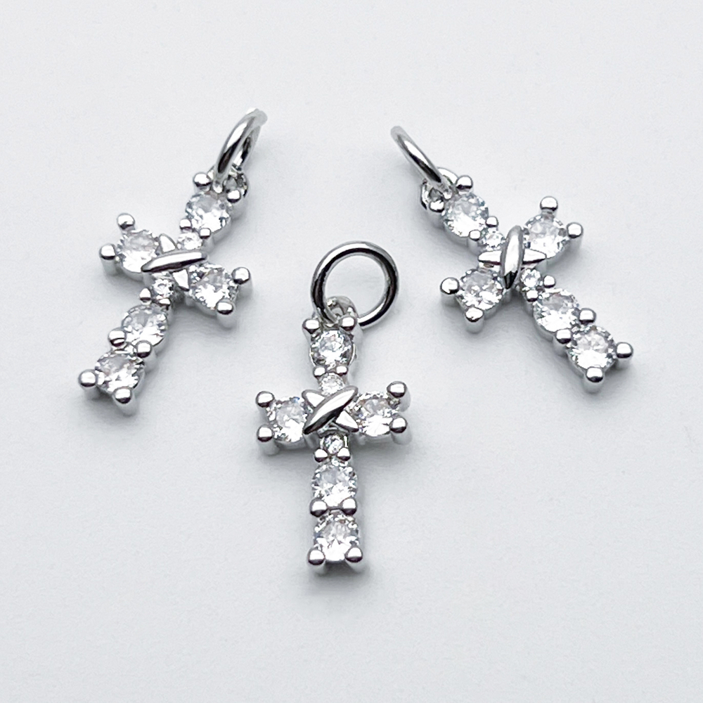 Подвеска Крест, цвет серебро (родий), фианиты, размер 15*8 мм, цена за 1 шт