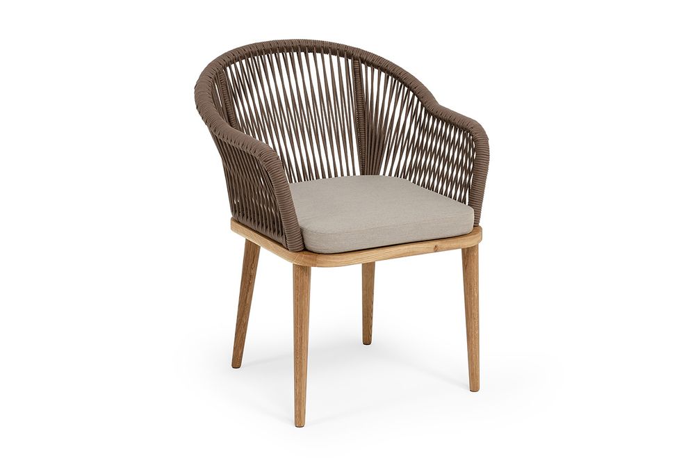 "Лион" стул плетеный из роупа, основание дуб, роуп коричневый круглый, ткань бежевая 15052