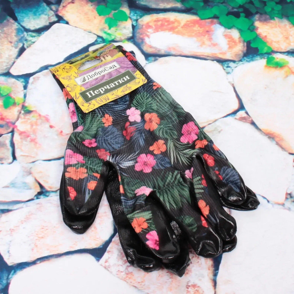 Перчатки нейлоновые «Фантазия-Тропики» с резиновым покрытием полуоблитые 8 р-р ДоброСад