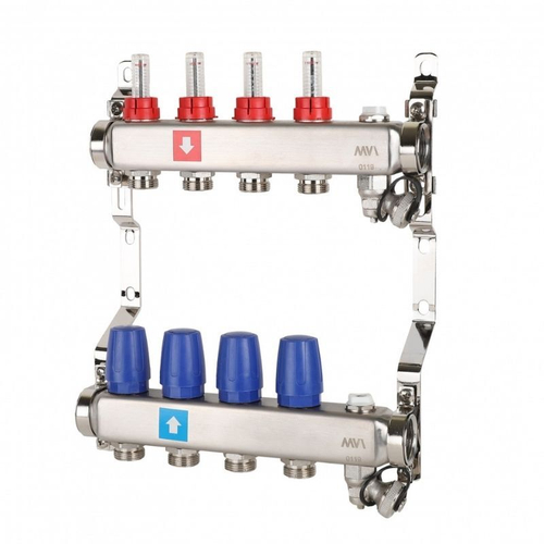 Блок коллекторный MVI из нержавеющей стали DN 25-4 выхода G 3/4, с расходомерами, с дренажным краном и воздухоотводчиком, евроконус, MS.704.06