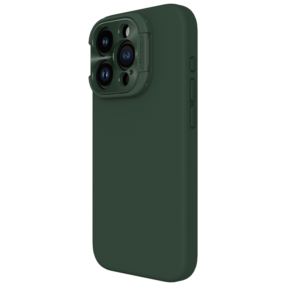 Чехол зеленого цвета от Nillkin с металлической откидной крышкой камеры для смартфона iPhone 15 Pro, серия LensWing Magnetic Case (поддержка беспроводной зарядки)