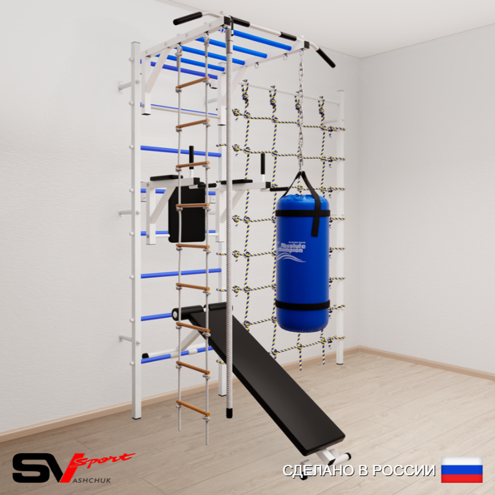 Шведская стенка Sv Sport 55520 (Турник рукоход/Брусья/Скамья/Канат/Лестница/Цепь/Мешок 22кг/Канатный лаз)
