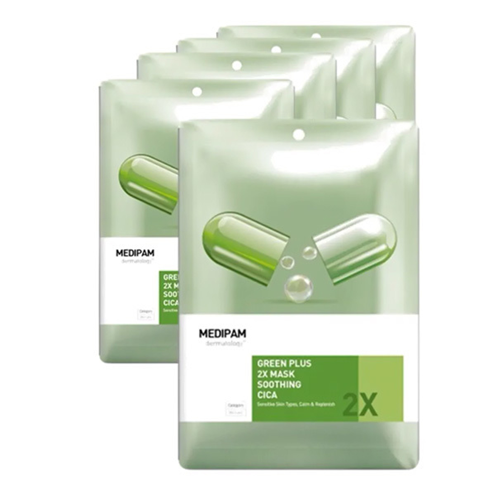 Маска успокаивающая Двойной уход с центеллой Medipam Green Plus 2x Mask Soothing Cica 5шт