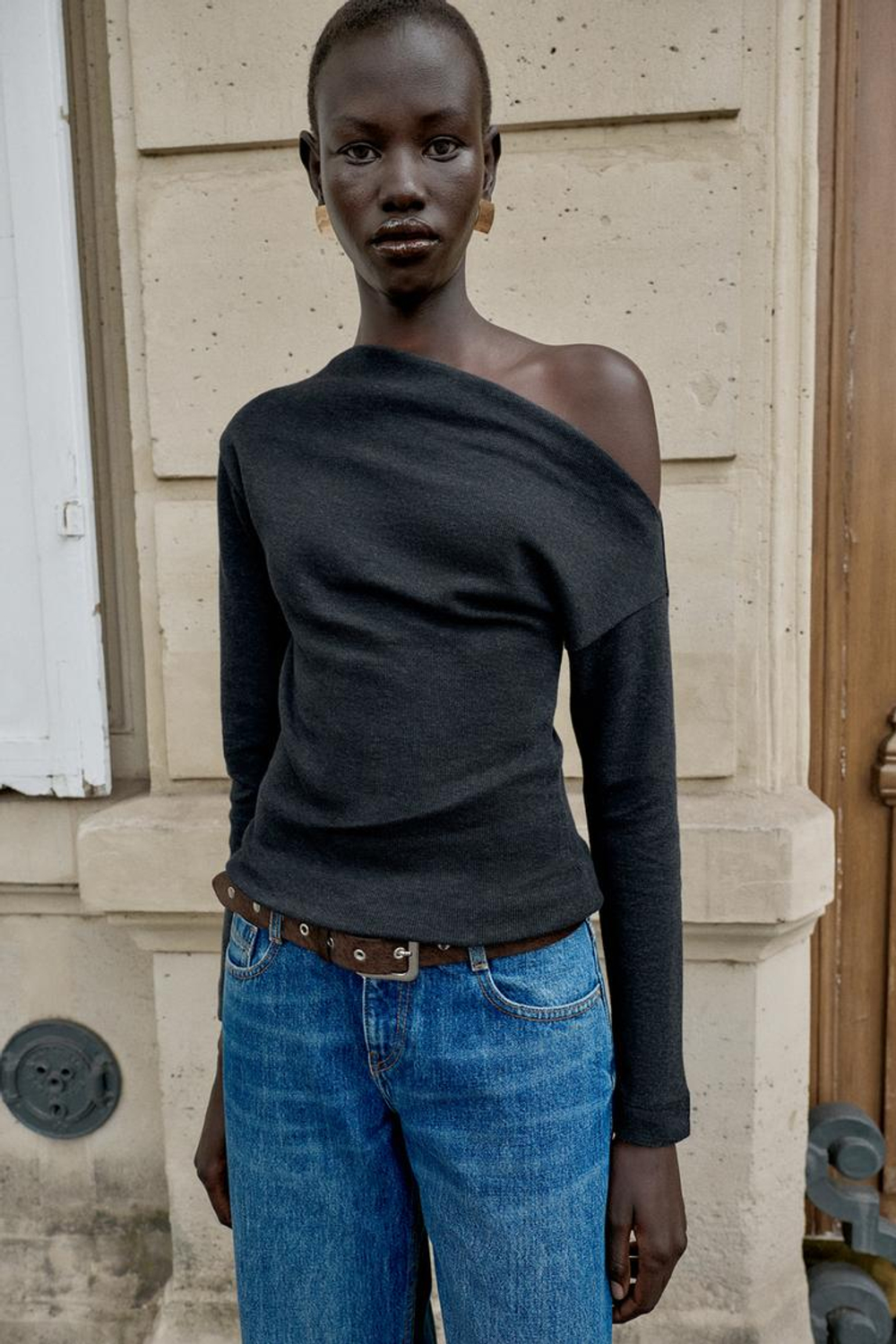 ZARA ТОП АСИММЕТРИЧНОГО КРОЯ ИЗ МЯГКОЙ ТКАНИ, ЧЕРНЫЙ МЕЛАНЖ