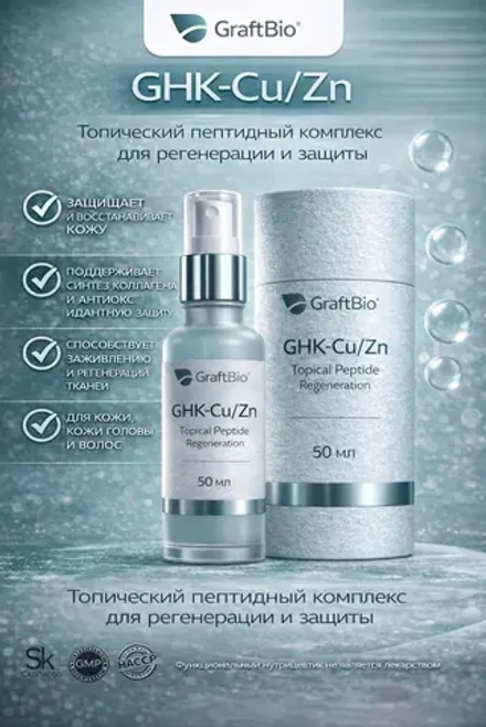 GHK-Cu/Zn Topical Peptide Regeneration пептидный комплекс аминокислот, 50 мл пептид для поддержки регенерации кожи, антиоксидантной защиты и восстановления тканей