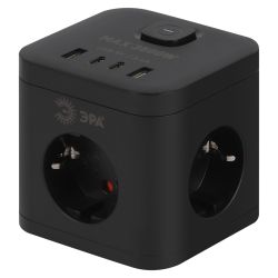 Удлинитель электрический ЭРА CUBE-3es-1,5m-4USB-B куб с заземлением с выключателем 3 розетки+4xUSBA+C 1,5м 16А черный