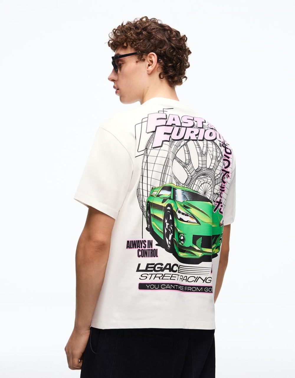 BERSHKA Футболка свободного кроя «Fast & Furious», белый