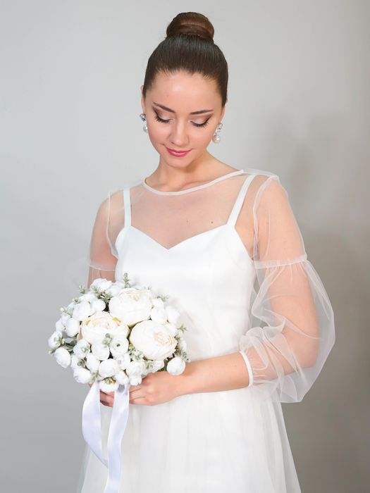 Свадебное платье-трансформер с объемными рукавами (молочный)