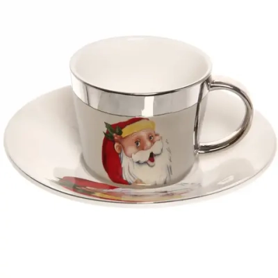 Чайная пара (зеркальная кружка 230мл+блюдце) анаморфный дизайн «Дед мороз», белая