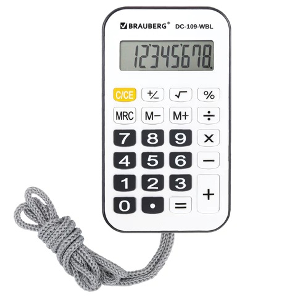 Калькулятор карманный со шнурком BRAUBERG DC-109-WBL (61x110мм), 8 разрядов, БЕЛЫЙ/ЧЕРНЫЙ,