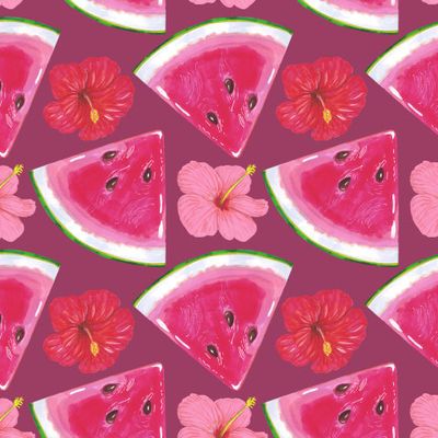 Тропические цветы и дольки арбуза