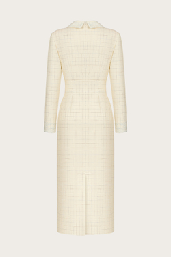 ПЛАТЬЕ ИЗ БЕЖЕВОЙ ШЕРСТИ С КРУЖЕВНЫМИ ВОРОТНИКОМ И МАНЖЕТАМИ