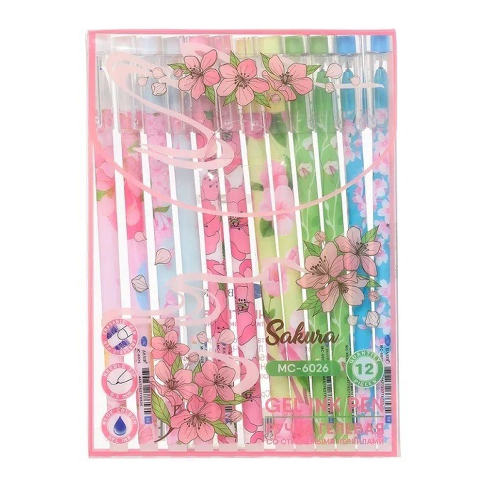 Ручка гелевая, пиши-стирай, Basir, синие чернила, серия "САКУРА", разноцветный корпус