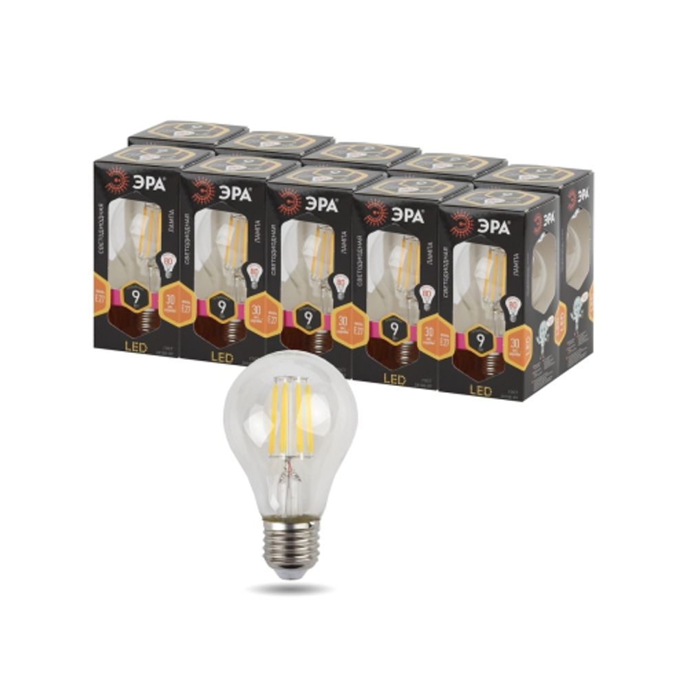 Лампа светодиодная ЭРА F-LED A60-9W-827-E27 9Вт филамент груша теплый белый свет E27 | Филаментные декоративные