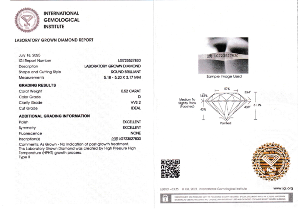 Лабораторно-выращенный бриллиант Кр-57 5.18-5.20 мм D/VVS2 0.52 ct