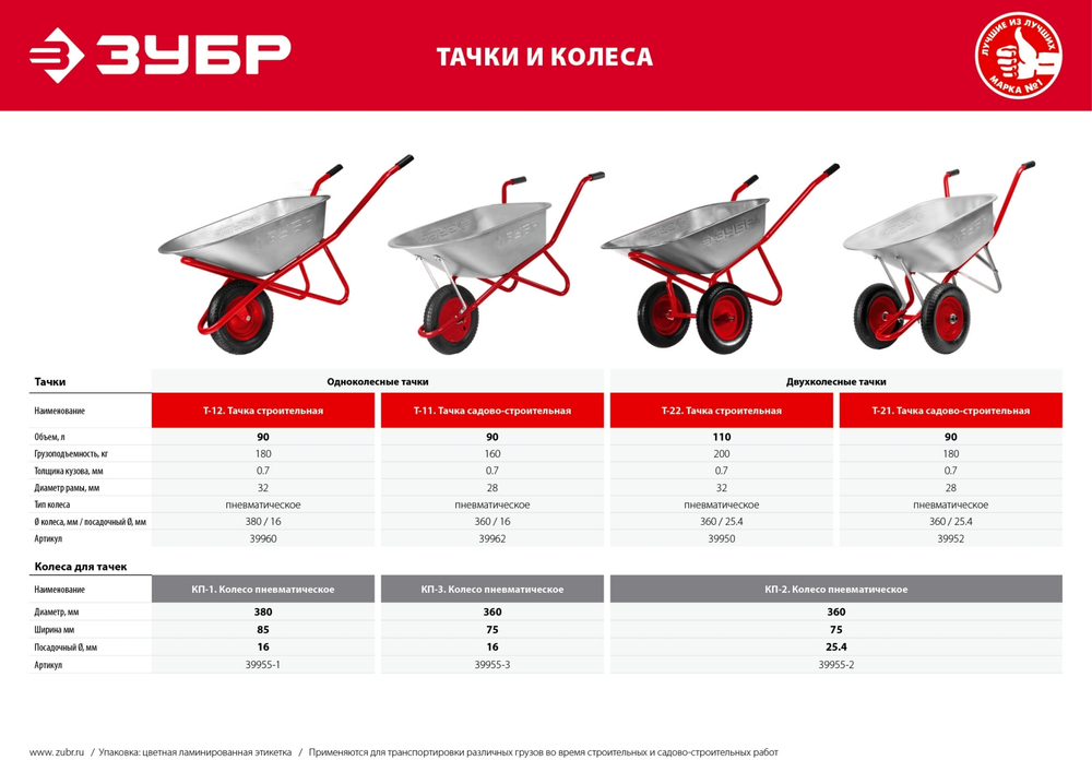 Пневматическое колесо ЗУБР КП-1 380 мм для тачки (арт. 39960)