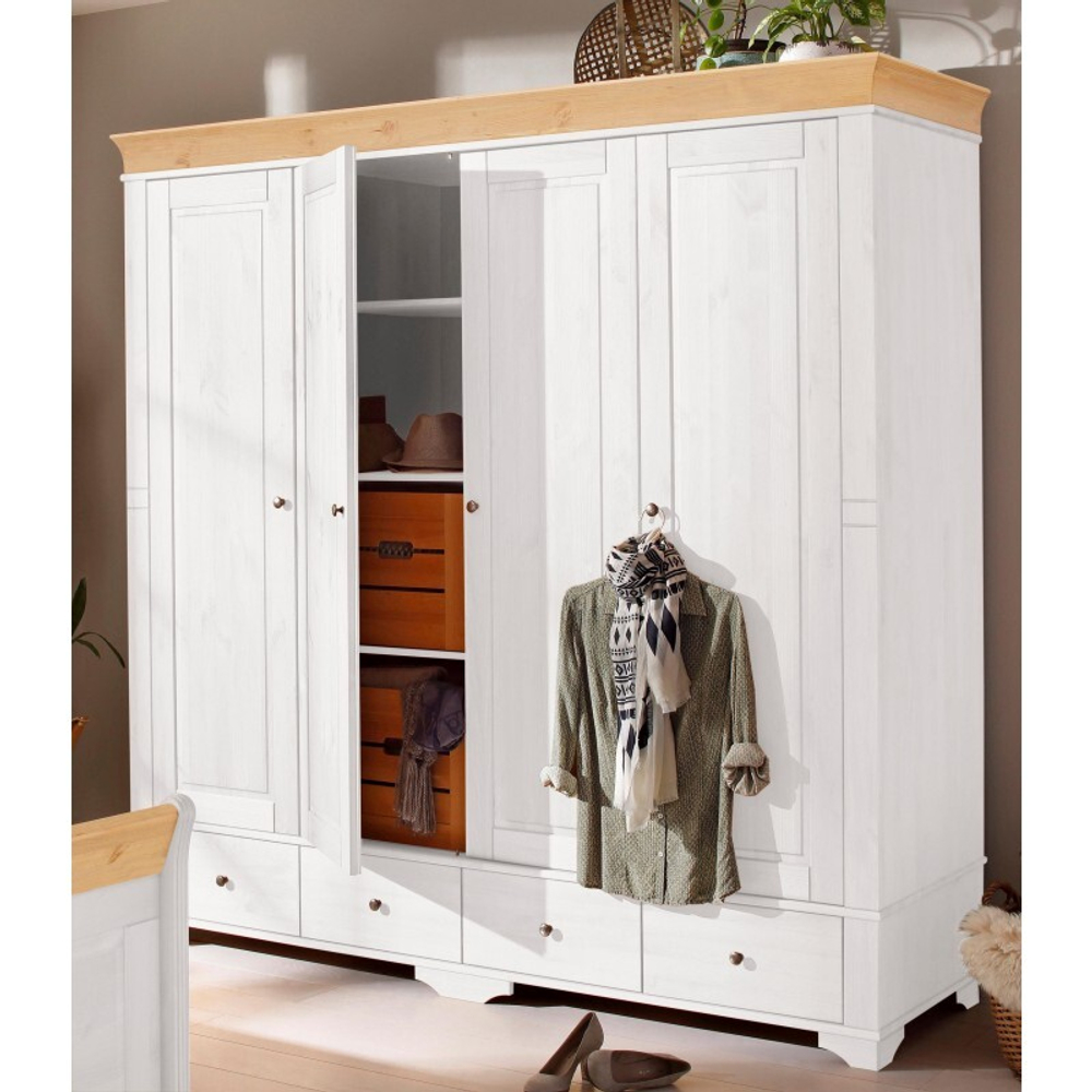 Шкаф 4х дверный с глухими дверями «Бейли» белый воск/антик