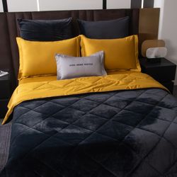 Комплект постельного белья на резинке с одеялом Вельвет Премиум «Яркий лимон»