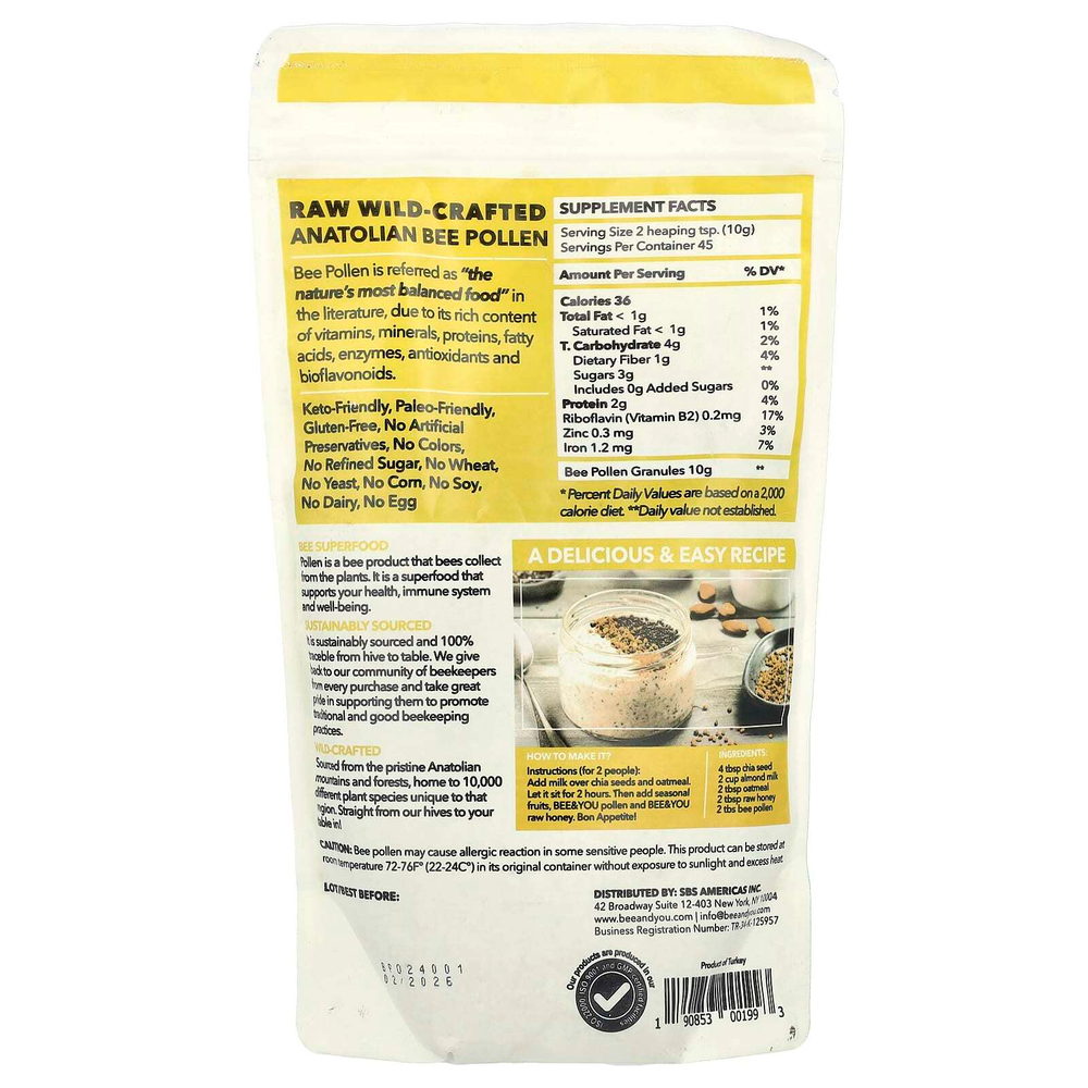 Bee & You, Необработанная анатолийская пчелиная пыльца, выращенная в дикой природе, 453,5 г (16 унций)