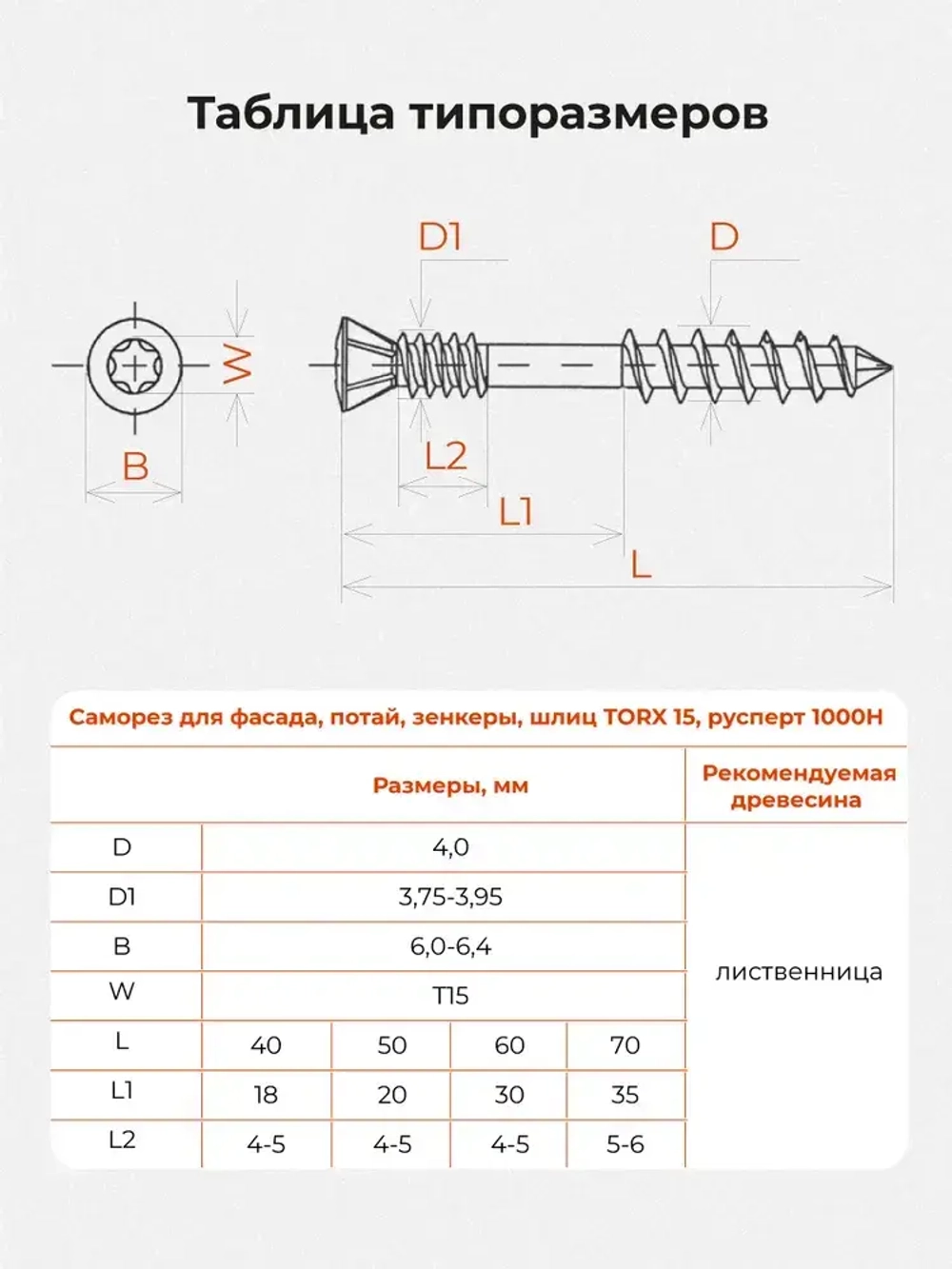 Саморез по дереву окрашенный для фасада 4.0*60 T15, потайной, Gwozdeck, отделочный, цвет коричневый, Упаковка 200 шт