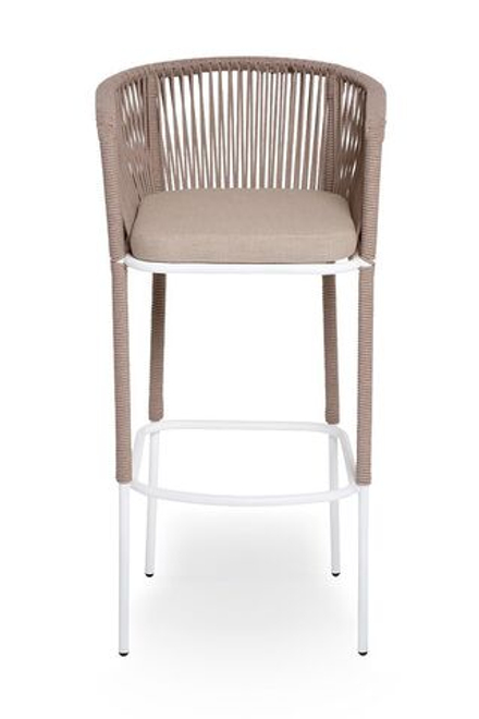 "Марсель" стул барный плетеный из роупа, каркас из стали белый муар, роуп бежевый круглый, ткань бежевая 035