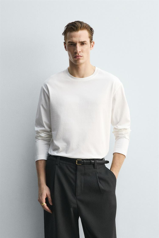 ZARA МЕРСЕРИЗОВАННАЯ ФУТБОЛКА С ДЛИННЫМИ РУКАВАМИ — LIMITED EDITION, БЕЛЫЙ