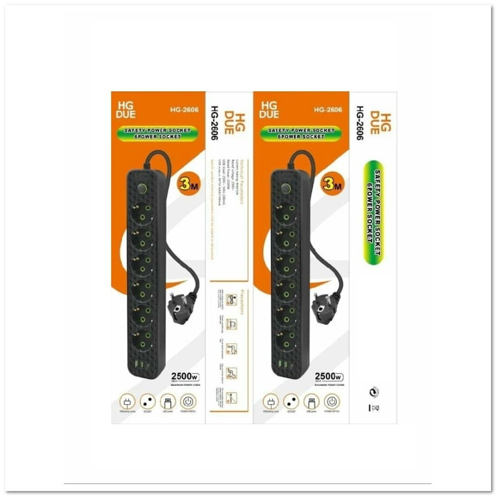 Сетевой фильтр OSMAN OS-2606, 6 розеток + 2USB + Type-C с выкл. и заземл. (черный) 3м
