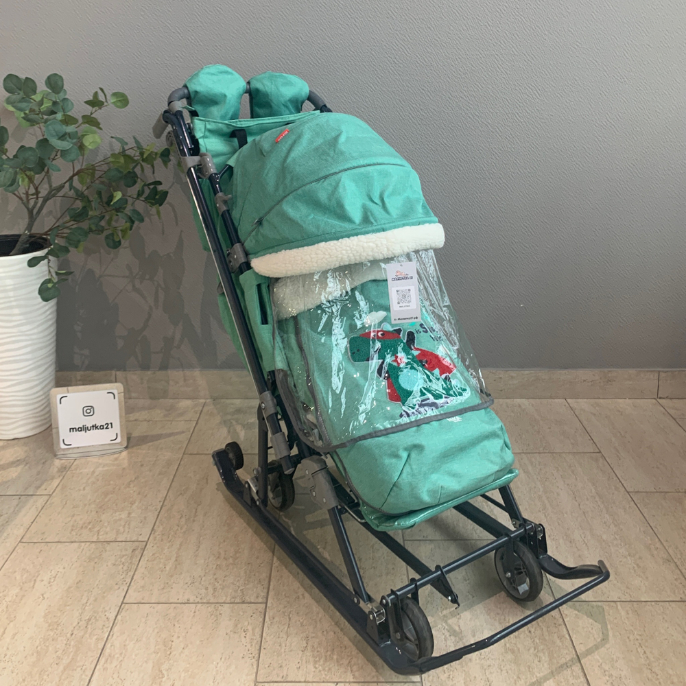 Коляска комбинированная (санки - коляска) «Ника Детям 7-8K» с дино зеленый джинс (арт. НД7-8K/5)