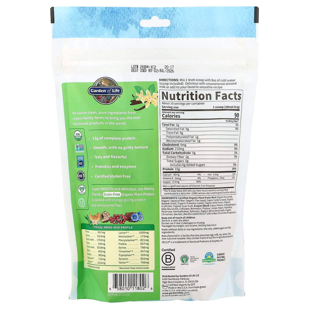 Garden of Life, Органический растительный протеин, без зерен, гладкая ваниль, 9,4 унции (265 г)