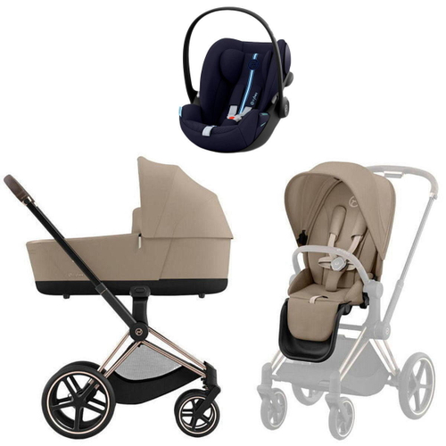 Коляска Cybex Priam IV Rosegold complete и автокресло Cloud G i-Size Ocean Blue Plus 3 в 1 Cozy Beige