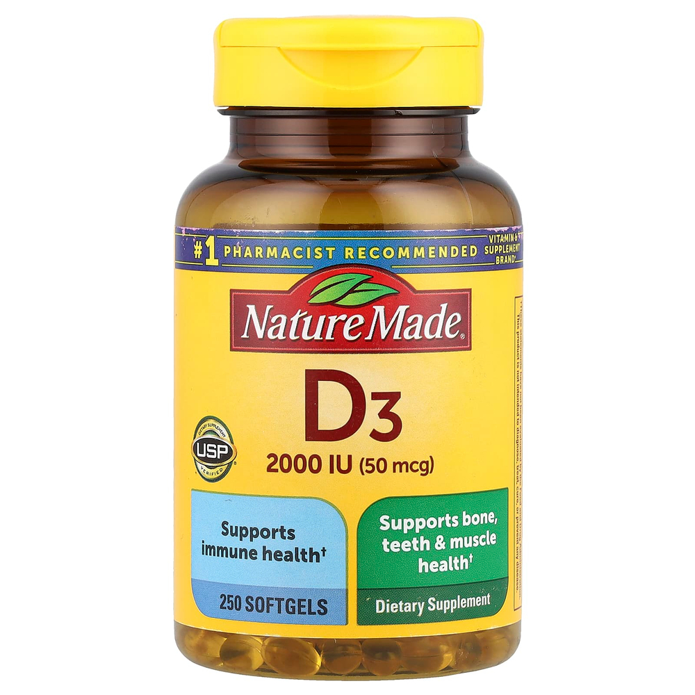 Nature Made, витамин D3, 2000 МЕ (50 мкг), 250 мягких таблеток