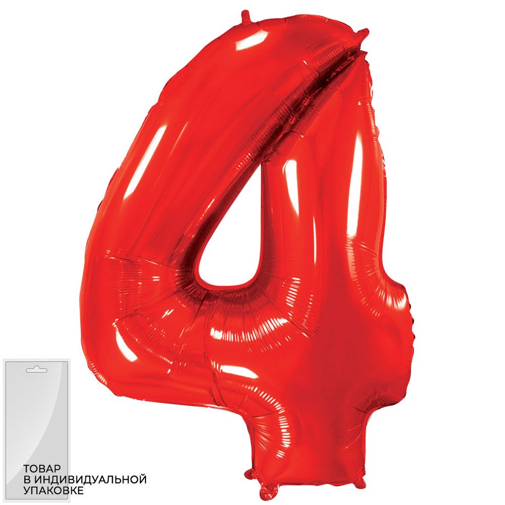 Шар (40''/102 см) Цифра, 4, Красный, 1 шт. в уп.