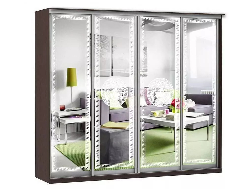 Шкаф купе Модерн 2362х600 4-х дверный 3-х секционный зеркальный с пескоструем №1 венге