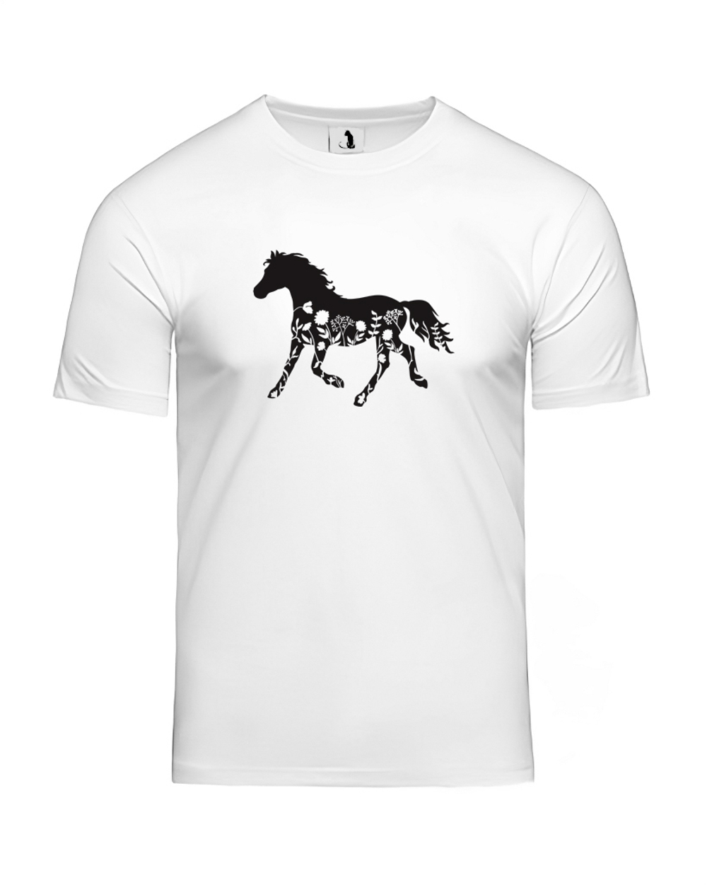 Футболка с лошадью и цветами unisex белая с черным рисунком