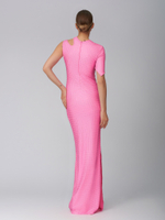 Женское платье макси розовое с асимметричным вырезом и кристаллами