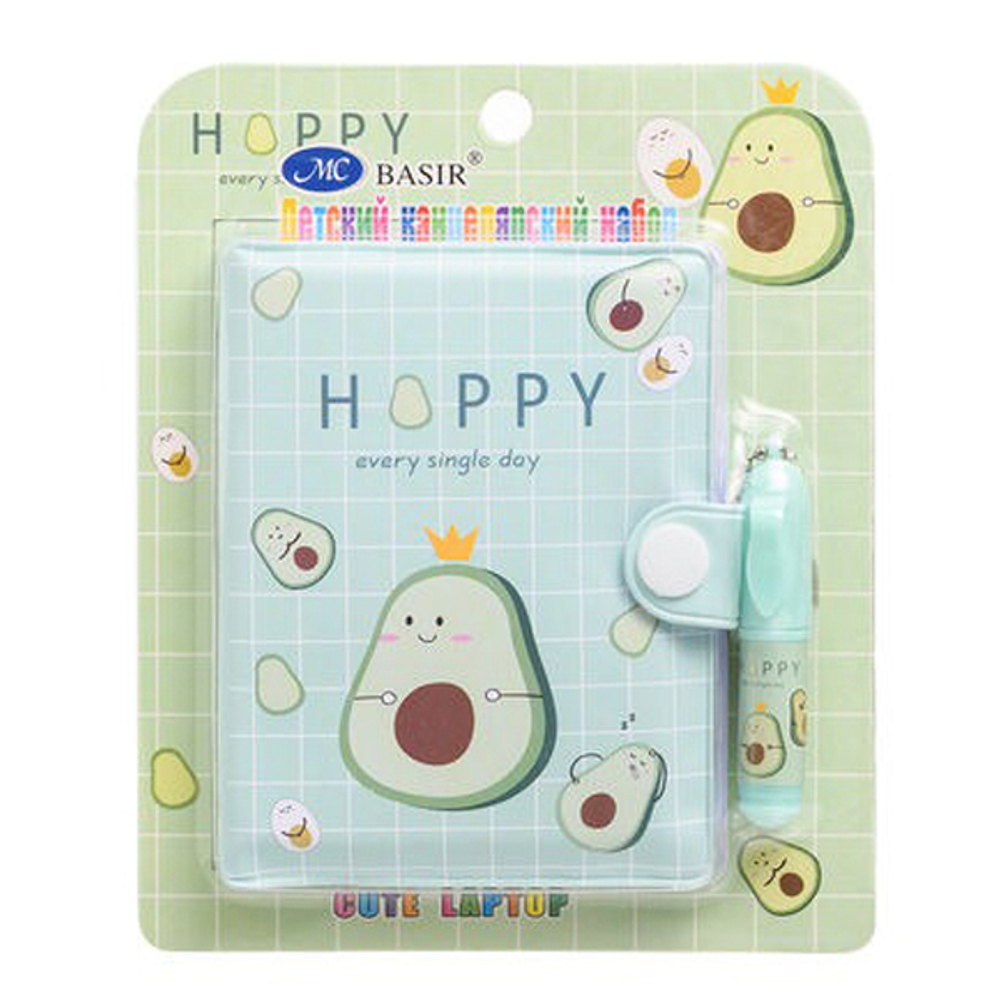 Блокнот детский Basir на кнопке, с ручкой, формат А7, серия "Авокадо", переплет ПВХ, 10.5*8 см, 48 листов,ассорти